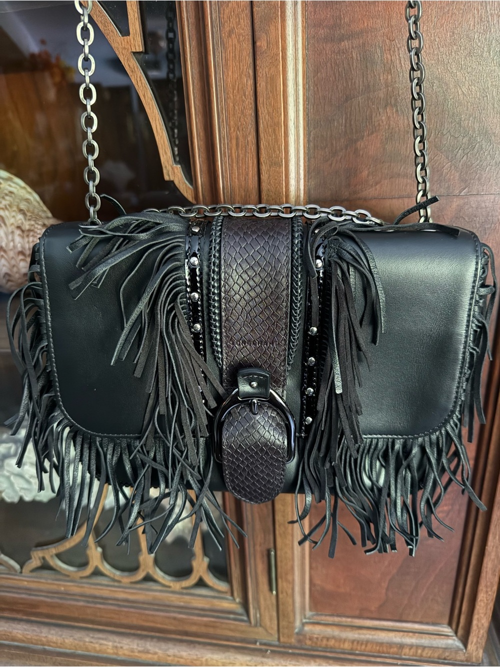 Longchamp Amazone Rock Studded Fringe Leather Bag